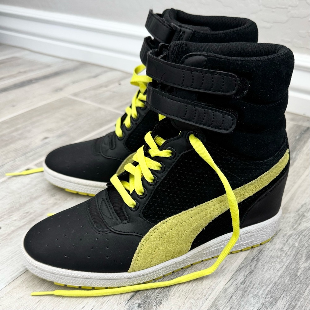 Puma Black Yellow Contact Sky High Top Lace Up Wedge Sneakers - Picture 2 of 9
